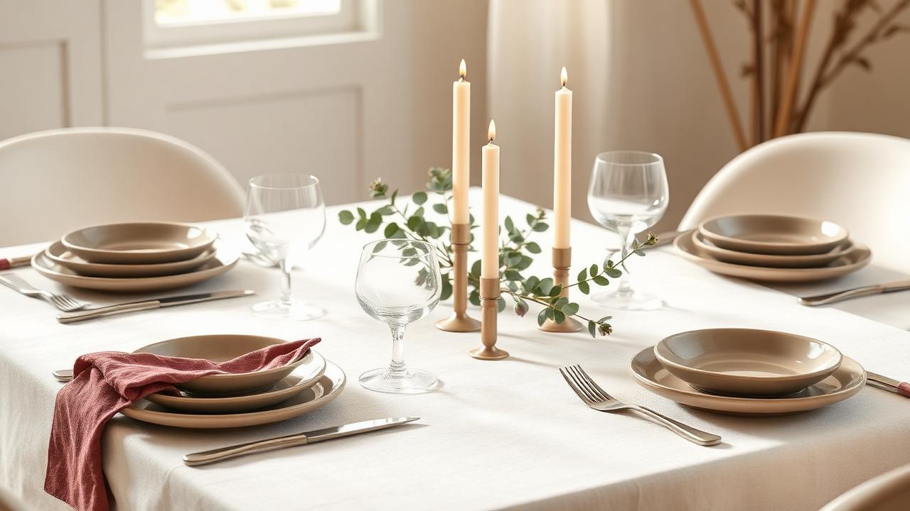 Mesa posta com louça em tom taupe, velas finas e ramos verdes