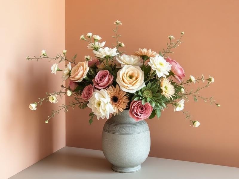 Arranjo de flores em tons de rosa antigo e branco em vaso de pedra