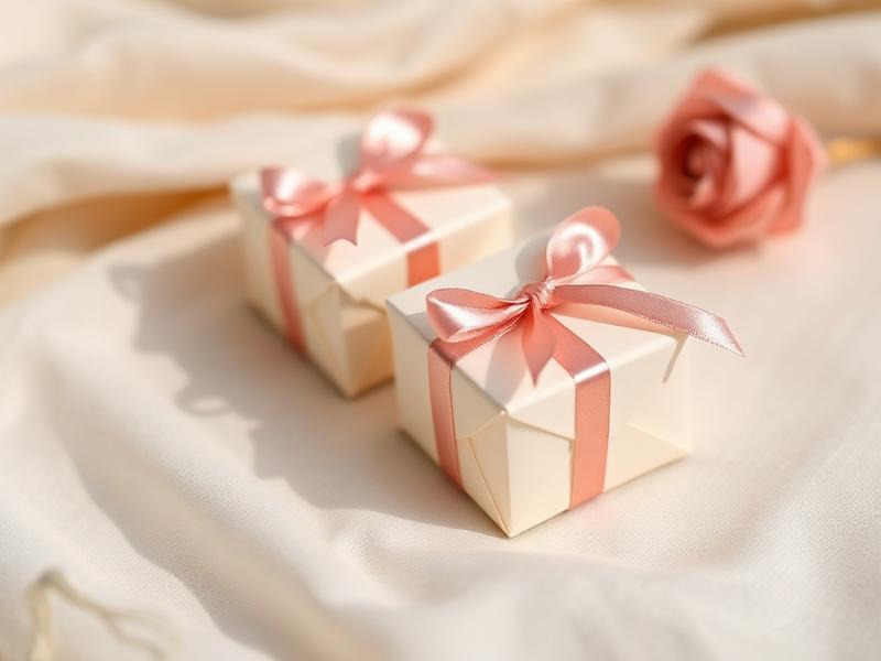 Caixas de lembrança em papel creme com fitas de cetim rosadas sobre tecido claro