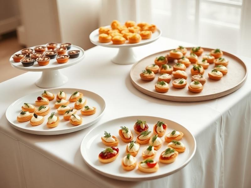 Mesa de buffet com canapés servidos em travessas de cerâmica clara