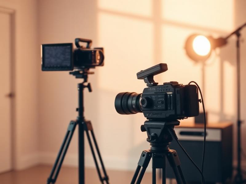 Câmera de cinema em tripé e iluminação em sala clara