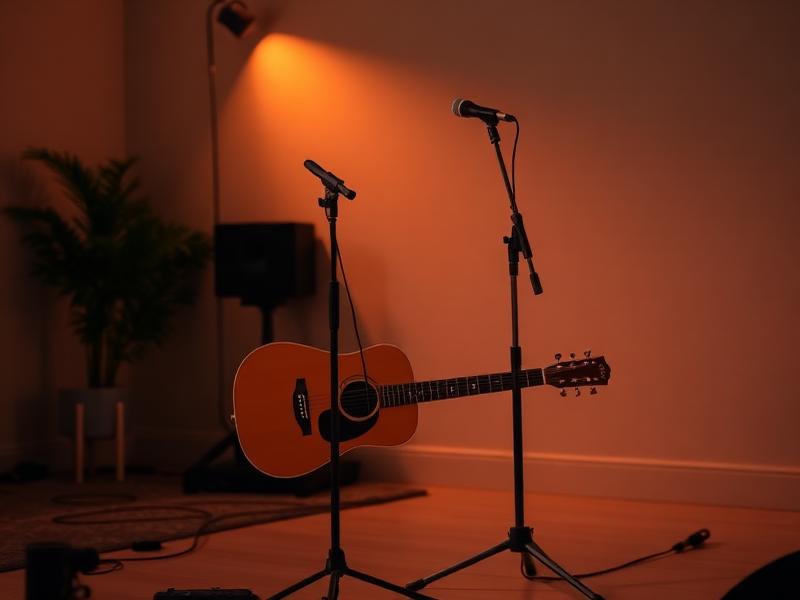Violão apoiado ao lado de pedestal de microfone em ambiente com luz quente